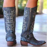 Botas vaqueras de piel para mujer - Altura de la rodilla - Punta puntiaguda - Tacón bajo - Bordado elegante