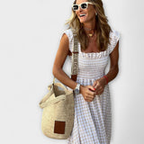 Vestido Maxi de Cuadros con Mangas Voladas