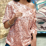 Top de mujer con hombros descubiertos – Corte holgado – Mangas de largo medio – Lentejuelas brillantes