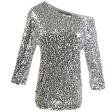 Top de mujer con hombros descubiertos – Corte holgado – Mangas de largo medio – Lentejuelas brillantes