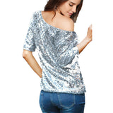 Top de mujer con hombros descubiertos – Corte holgado – Mangas de largo medio – Lentejuelas brillantes