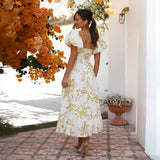 Vestido de mujer - Hombros descubiertos - Mangas abullonadas - Estampado floral - Corte midi fluido