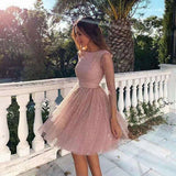 Vestido evasé para mujer – Tul ligero – Mangas 3/4 transparentes – Detalles brillantes