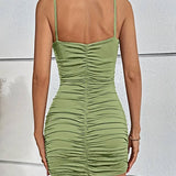 Vestido mini ajustado para mujer - Cuello en V - Sin mangas - Tirantes finos - Detalle fruncido