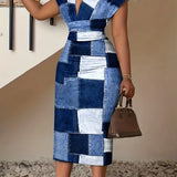 Vestido midi de mujer - Denim patchwork ajustado - Mangas cortas - Cuello en V elegante