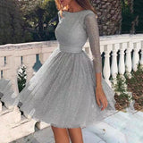 Vestido evasé para mujer – Tul ligero – Mangas 3/4 transparentes – Detalles brillantes