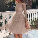 Vestido evasé para mujer – Tul ligero – Mangas 3/4 transparentes – Detalles brillantes