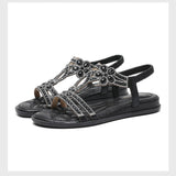 Sandalias planas de mujer – Punta abierta – Flores de pedrería – Tiras elásticas caladas