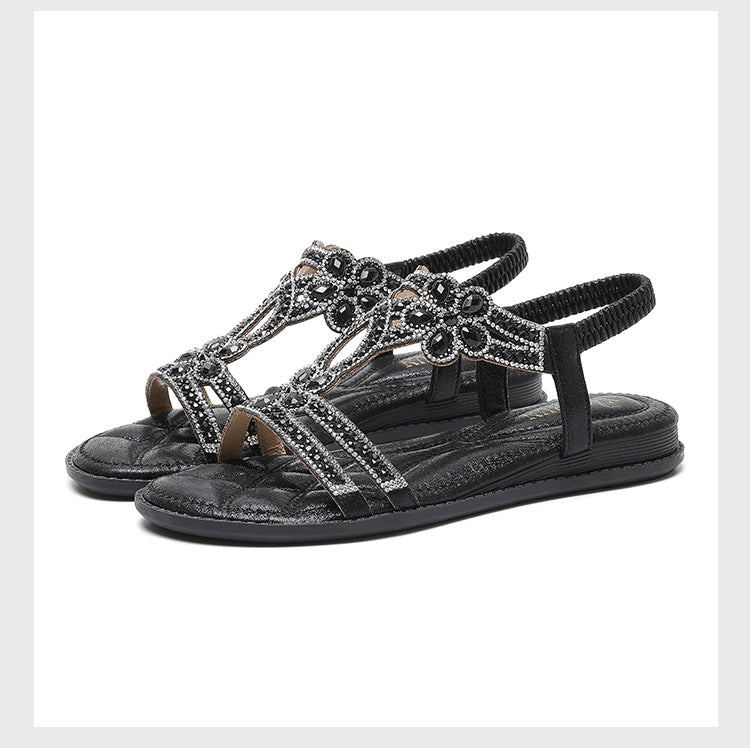Sandalias planas de mujer – Punta abierta – Flores de pedrería – Tiras elásticas caladas