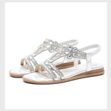 Sandalias planas de mujer – Punta abierta – Flores de pedrería – Tiras elásticas caladas