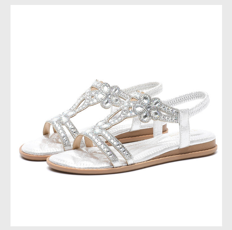 Sandalias planas de mujer – Punta abierta – Flores de pedrería – Tiras elásticas caladas