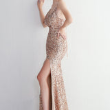 Elegante vestido de noche de terciopelo con lentejuelas