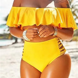 Bikini de mujer – Cintura alta, ajustado – Hombros descubiertos – Volantes y aberturas