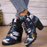 Botines de mujer - Tacón cuadrado - Cordones y cremallera lateral - Estampado artístico de moda