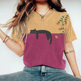 Camiseta de mujer - Corte clásico - Cuello redondo - Estampado gráfico de gato informal