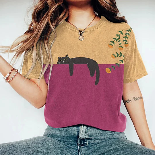 Camiseta de mujer - Corte clásico - Cuello redondo - Estampado gráfico de gato informal