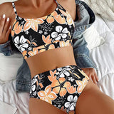 Bikini para mujer – Cintura alta – Estilo camiseta de tirantes – Estampado floral – Tejido transpirable