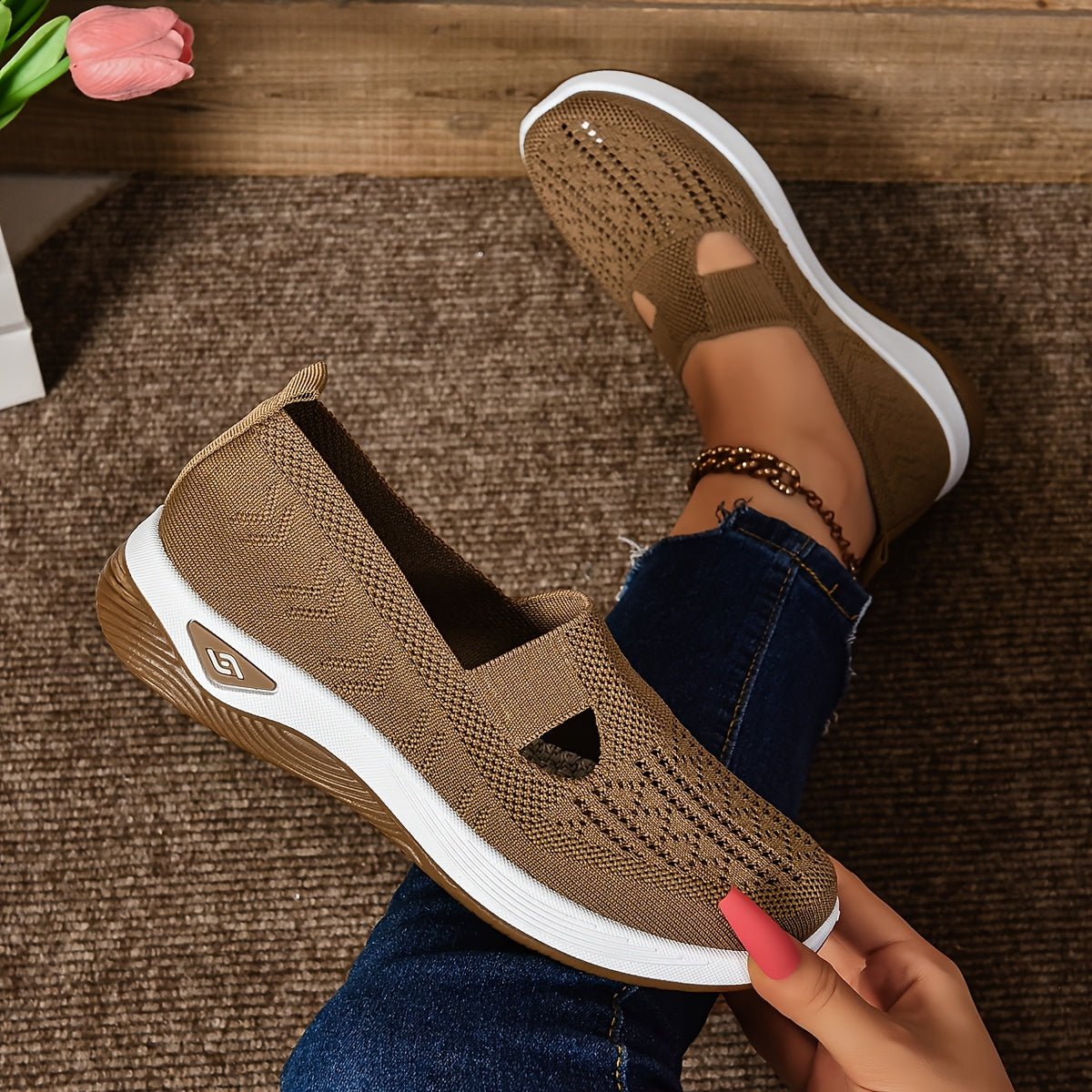 Zapatillas sin cordones para mujer – Malla transpirable – Corte bajo – Suela acolchada