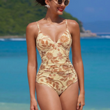 Bañador de una pieza para mujer – Cuello en V – Tirantes ajustables – Estampado floral – Corte moldeador – Tejido elástico acanalado