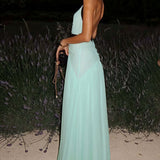 Vestido largo sexy de malla con escote pronunciado y espalda abierta con aberturas en forma de V.