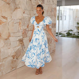 Vestido de mujer - Hombros descubiertos - Mangas abullonadas - Estampado floral - Corte midi fluido