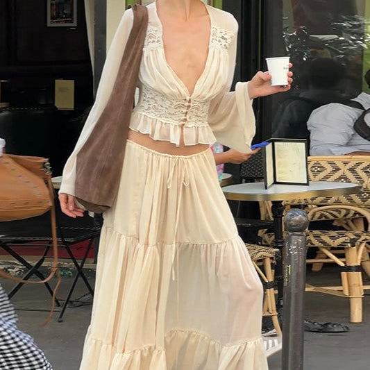 Conjunto de falda y top de encaje sexy y gasa transparente con cierre de lazo.