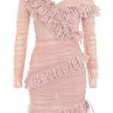 Vestido mini para mujer – Hombros descubiertos – Encaje con volantes – Mangas largas de tul