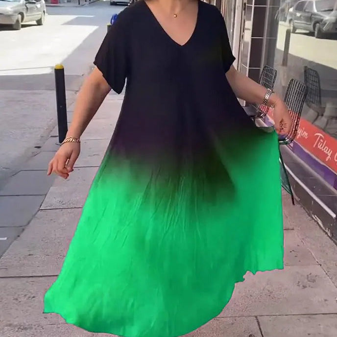 Vestido de mujer - Corte holgado en A - Mangas cortas - Cuello en V - Tejido ligero