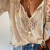 Blusa de mujer - Elegante encaje - Mangas largas - Cuello en V con lazos - Corte holgado