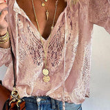 Blusa de mujer - Elegante encaje - Mangas largas - Cuello en V con lazos - Corte holgado
