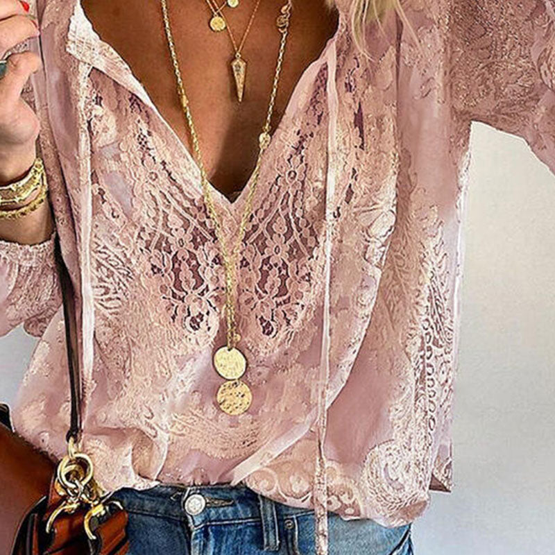 Blusa de mujer - Elegante encaje - Mangas largas - Cuello en V con lazos - Corte holgado