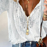 Blusa de mujer - Elegante encaje - Mangas largas - Cuello en V con lazos - Corte holgado