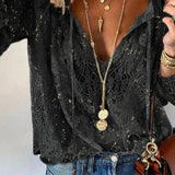 Blusa de mujer - Elegante encaje - Mangas largas - Cuello en V con lazos - Corte holgado