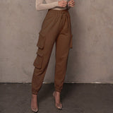 Pantalones de mujer - Tejido elástico - Cintura alta - Corte holgado - Bolsillos cargo