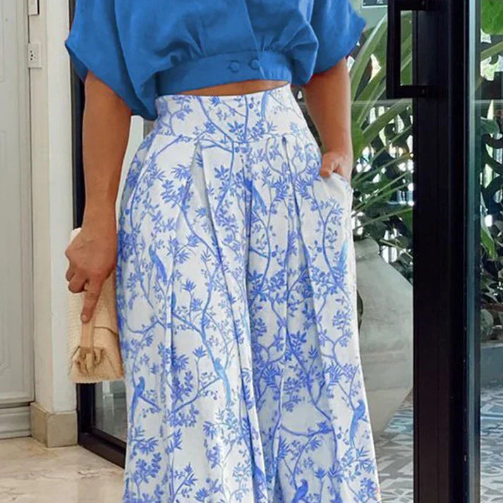 Conjunto de mujer: top corto holgado y pantalón ancho de cintura alta – Lino y algodón fluido