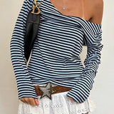 Blusa de manga larga, de punto suelto, con rayas y cuello en V en bloques de color