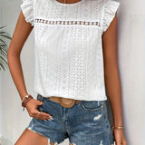 Blusa de mujer - Bordado inglés - Mangas con volantes - Corte holgado - Cuello redondo