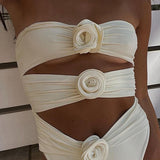 Traje de baño de una pieza para mujer – Estilo bandeau – Corte alto – Recortes – Aplicaciones florales