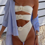 Traje de baño de una pieza para mujer – Estilo bandeau – Corte alto – Recortes – Aplicaciones florales