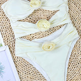 Traje de baño de una pieza para mujer – Estilo bandeau – Corte alto – Recortes – Aplicaciones florales