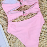 Traje de baño de una pieza para mujer – Estilo bandeau – Corte alto – Recortes – Aplicaciones florales