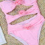 Traje de baño de una pieza para mujer – Estilo bandeau – Corte alto – Recortes – Aplicaciones florales