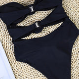 Traje de baño de una pieza para mujer – Estilo bandeau – Corte alto – Recortes – Aplicaciones florales
