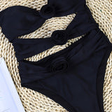 Traje de baño de una pieza para mujer – Estilo bandeau – Corte alto – Recortes – Aplicaciones florales
