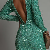Vestido mini de mujer - Espalda descubierta, ajustado - Mangas largas - Lentejuelas brillantes de noche
