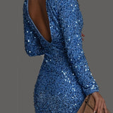 Vestido mini de mujer - Espalda descubierta, ajustado - Mangas largas - Lentejuelas brillantes de noche