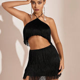 Glamuroso conjunto de dos piezas con flecos: elegante, atrevido y cómodo para mujeres.