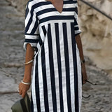 Vestido de mujer - Rayas - Corte recto y holgado - Mangas medias - Cuello en V informal