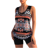 Tankini para mujer - Cuello en V - Tirantes cruzados - Estampado geométrico - Ajuste cómodo