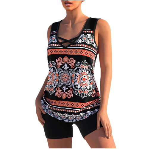 Tankini para mujer - Cuello en V - Tirantes cruzados - Estampado geométrico - Ajuste cómodo